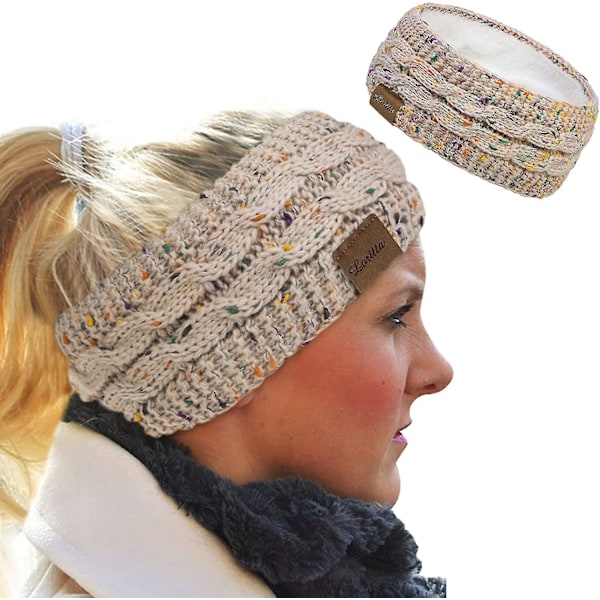 Vinterhodeband for kvinner i ull, ørevarmere for kvinner, strikket tykt fleecefôret hodebånd, vintervarme øremuffer DB Colorful beige