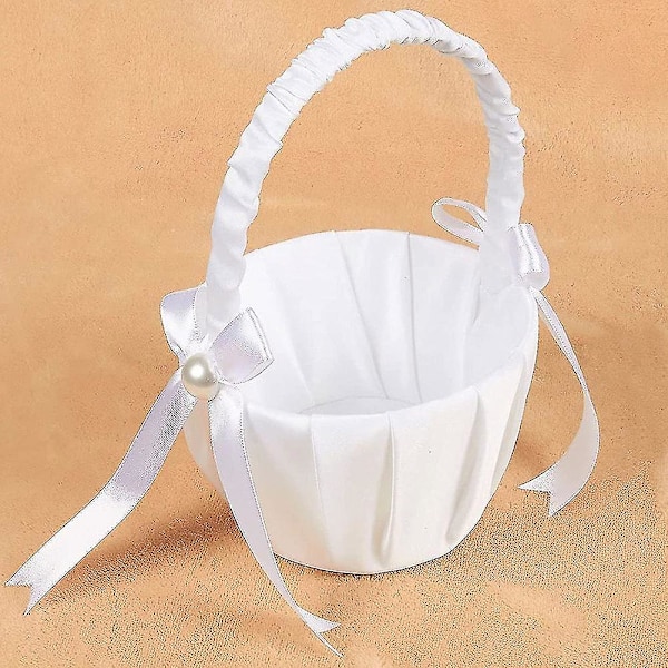2-pack bröllopsblomkorg i satin med rosett, blomkorg med rosett för fest{DB} white