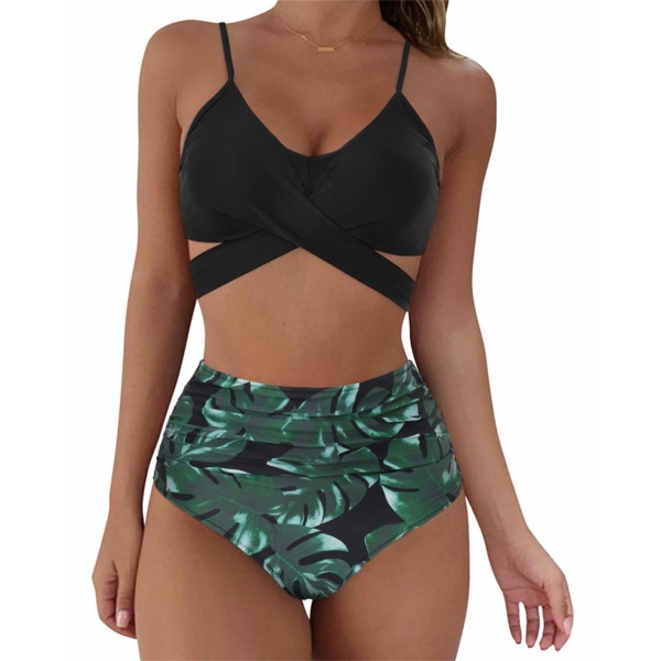 Women's Wrap Bikini Set Push Up High Waist 2 Piece Swimsuit (Black Green)