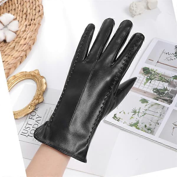 Damelæderhandsker Vinter Bløde Anti-Slip Touchscreen Varme Foret Handsker DB Black