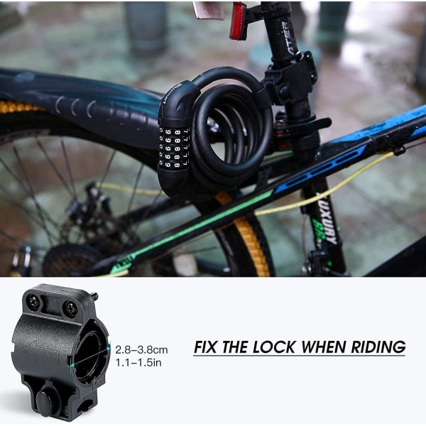 Cykellås - 1500 mm X 12 mm långt kraftigt kabellås 5-siffriga koder Lås Cykeltillbehör för cykel, moto, dörr, grindstängsel