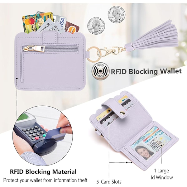 Lommebok-nøkkelring-håndleddsrem for kvinner RFID-kortlomme med nøkkelring, kjede med lomme for kort og dusk for kvinner {Db} Purple