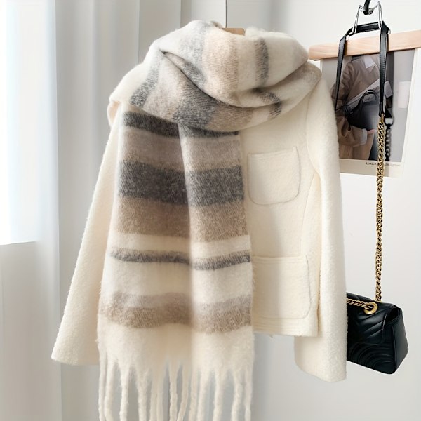Cozy Stribet Chunky Halsklæde til Par - Blød Polyester, Varmt & Vindtæt Sjal til Efterår/Vinter, Moderigtigt Design db Cream & brown