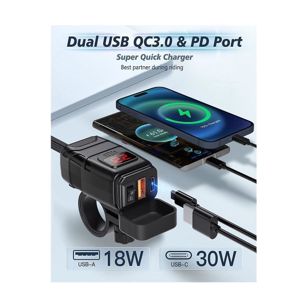 Motorcykeltelefonladdare, dubbel USB typ C Pd & Quick Charge 3.0 Motorcykel USB laddare med voltmet [DB] Black