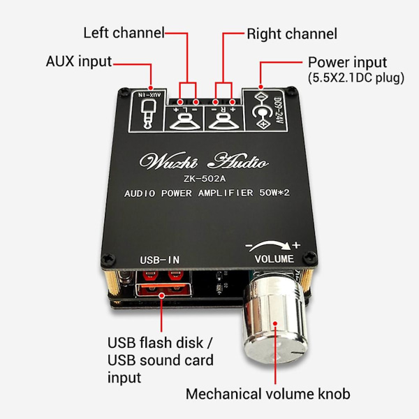 Zk502a Ljudförstärkarmodul med Aux Bt5.1 Udisk, och USB ljudkortsingångar och överhettningsskydd