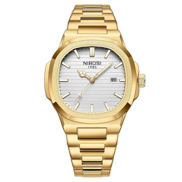 NIBOSI 2632 Stilig Herre Armbåndsur Stållenke Lysende Kalender Quartz Klokke [DB] Multicolor Gold Strap/White Dial