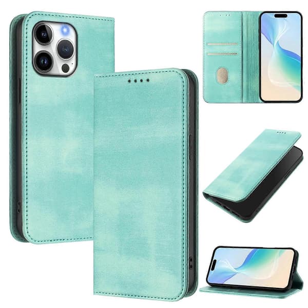 Retro tekstur RFID-blokerende læder telefoncover til iPhone 16 Pro Max Wallet Cases [DB] Multicolor Mint Green