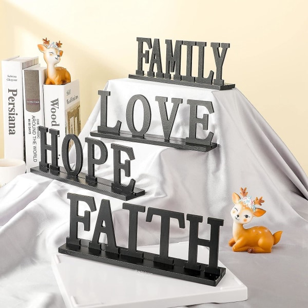 Love Faith Hope Family Wood Ordskilt - Rustikk utskjæringsbokstavskilt i tre (4 stykker)