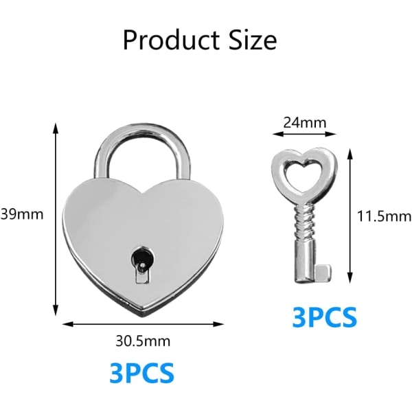 Hjertelås, 3 stk. hjertelås med nøgle, mini Valentinsdagsgave, sølv