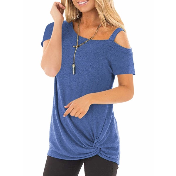 Dame kald skulder topper vridd løs T-skjorte bluse (blå, XL)