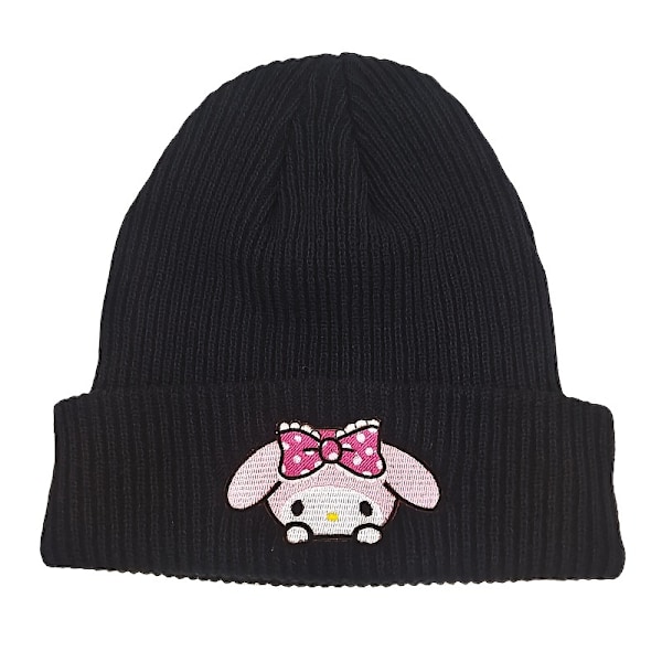 Sanrio Kuromi & Melody Broderte Beanie - Koselig Bomullsblend Strikket Lue, Elastisk Tegneserie-inspirert Skallehette for Kvinner Black Melody