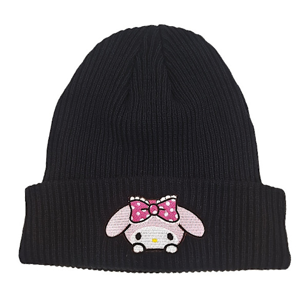 Sanrio Kuromi & Melody -kirjailtu pipo - Mukava puuvillasekoite neulottu pipo, joustava piirretty kallopipo naisille Black Melody