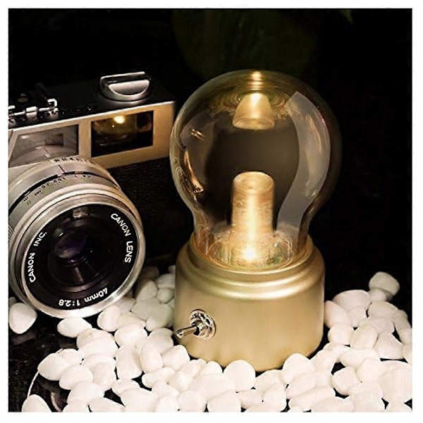 (Gullfarget) Retro lyspære nattbordslampe, kreativ USB oppladbar nattlampe, gammeldags LED bordlampe, liten soverom skrivebord dekorativ lyspære ta [db]