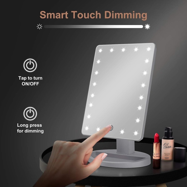 Spegel med lampor, 22 LED-lampor Justerbar dämpande peksensor, dubbel power , 180 rotation, bärbar kosmetisk spegel vit