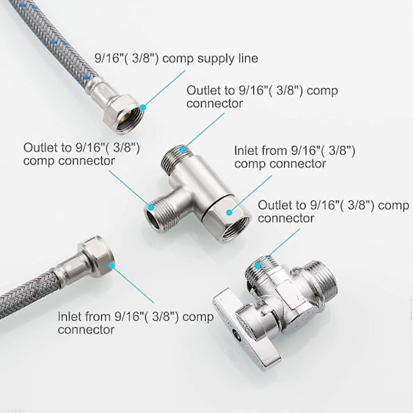 T-stykke til tilslutning Ekstra vandforsyning til toilet Rustfrit stål Splitter 3/8\" x 3/8\" x 3/8\", Børstet nikkel, SBA020C [db] -
