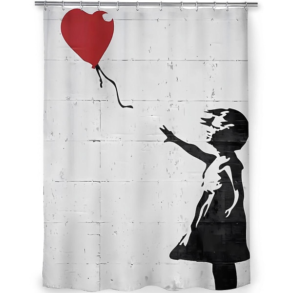 Ekstra lang dusjforheng Banksy jente med hjerteballong muggsikkert vaskbart vektet baderomsgardin  [dB} 72x84 Inch