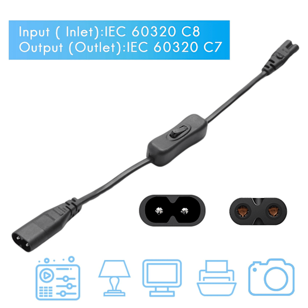 Förlängningssladd, Iec320 C7 till C8 Strömadapter Förlängningssladd med Strömbrytare med \"8\" Int [db] black