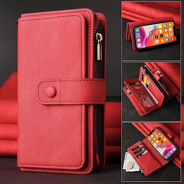 Kompatibel med Nokia G50 5G PU Læder Magnetisk Lukning Femten Kortpladser Lynlås Lomme Telefon Cover [DB] Red