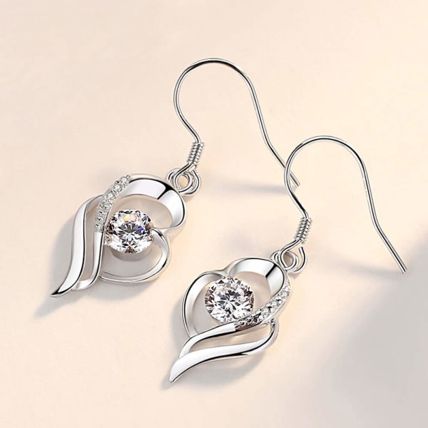 Sølv smykkesett for kvinner, 925 sterlingsølv hjerte Dangle øredobber med hvit cubic Zirconia