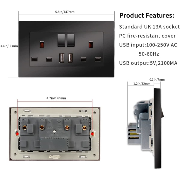 2-pakke doble bryteruttak med 2 USB-ladeporter, 13 Amp strømuttak, PC Board vegguttak