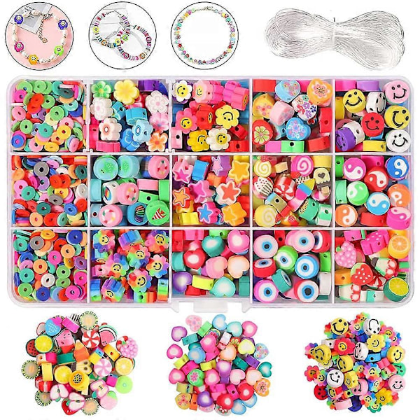990 Stycken Smiley Pärlor Polymerlera Pärlor Fruktpärlor Färgglada Trädningspärlor DIY Armband Kedja Distanspärlor Kit [db]