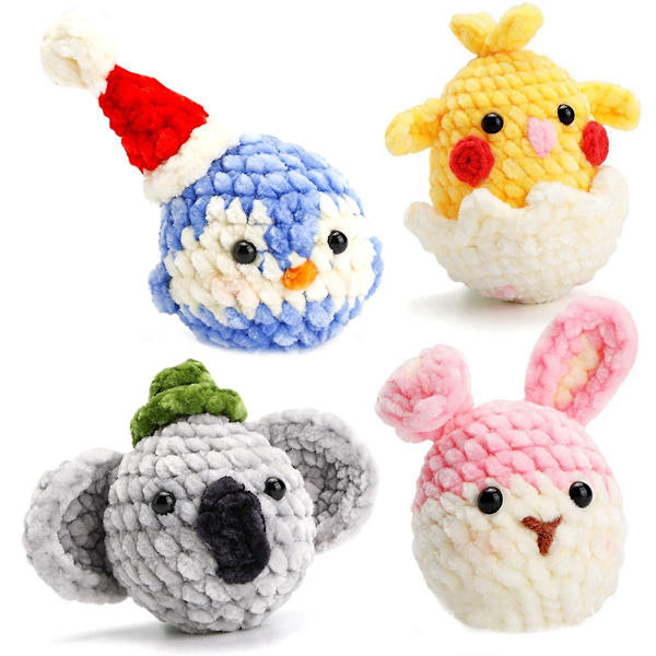 Komplett virkningskit för nybörjare, gör-det-själv pingvin, kanin, kyckling, wombat kit med stickmarkörer Chenille boll, instruktion