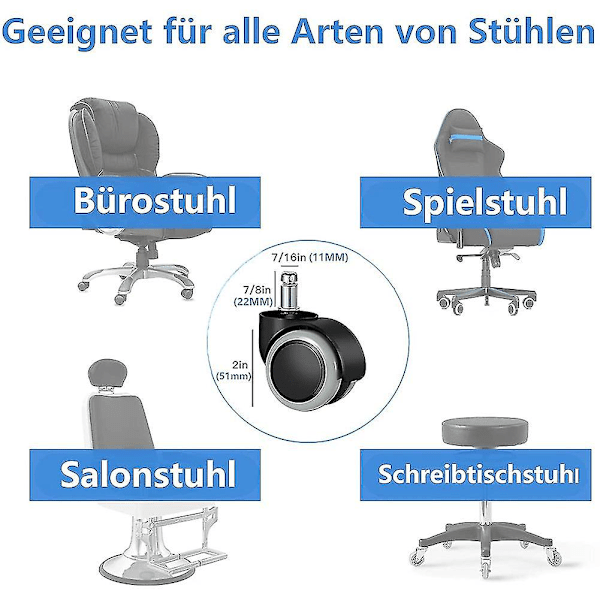 Reservedeler for kontorstolhjul for hardt gulv - 5-pakning - 11 mm / 22 mm - For spillstoler, dreiestoler, Pr {Db} GrayBlack