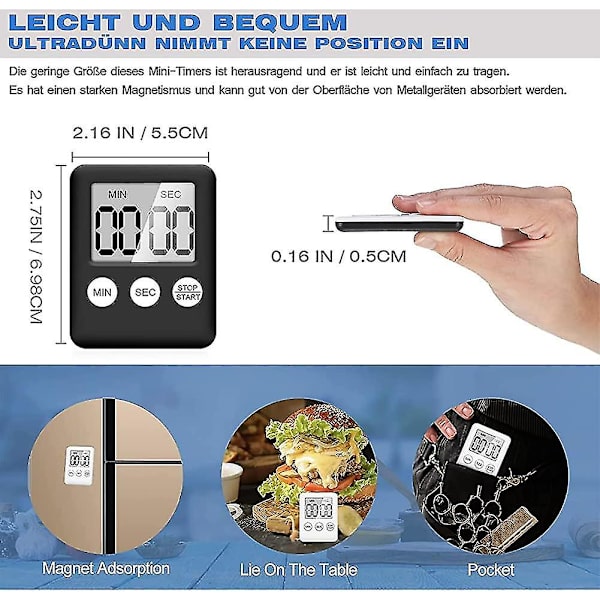 Stoppur, digital minuttimer med högt alarm, 3-i-1 installationsmetod minikökstimer