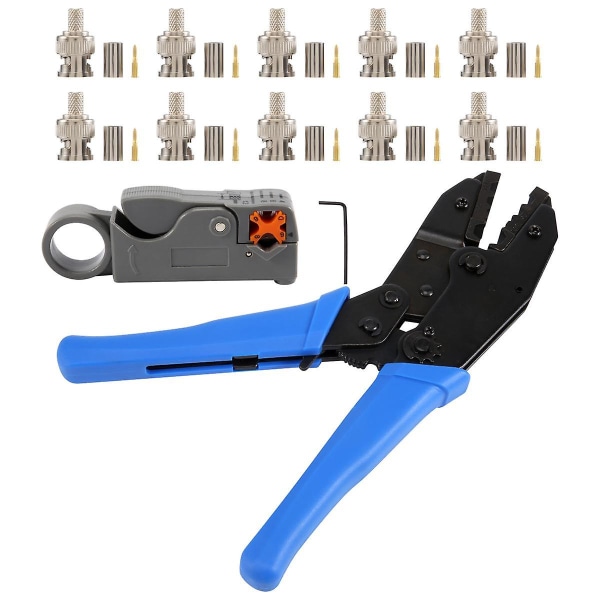 1 set koaxiala RF/BNC-krimpverktyg för Rg58 / Rg59 / Rg6 med 10 st BNC-kontaktkrimpsats [DB] Blue  black