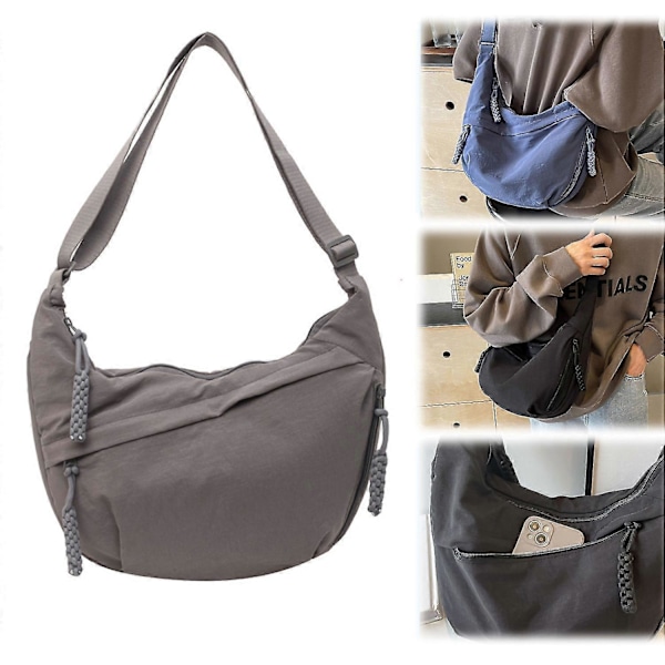 Nylon Halvmåne Väska för Kvinnor, Dumpling Väska Crossbody Väska med Justerbar Axelrem Bröstväska Axelväska för Dagligt Bruk [DB] Grey