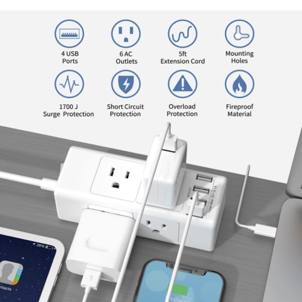 Multi-Plug Outlet Extender, Outlet Splitter, 6 Wide Space Wall Outlets (3 sider) og 4 USB-porte