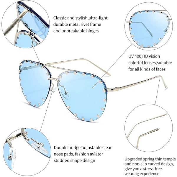 Smykke-solbriller for kvinner - Mote Aviator-solbriller med metallramme UV 400{ DB} silver Frames-Transparent Blue