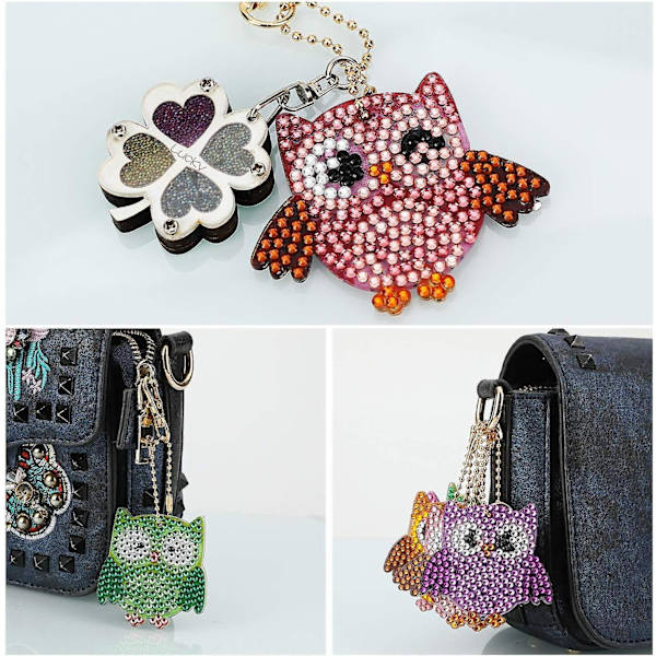 5 st DIY uggla diamantmålning nyckelringar, DIY 5D mosaikform diamantmålning nyckel [DB]