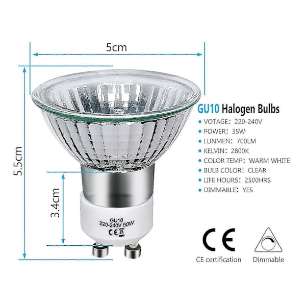 GU10 Halogenpærer 35W 2800K Varm Hvid, Pakke med 8 Dæmpbare Loftspotlights [DB]