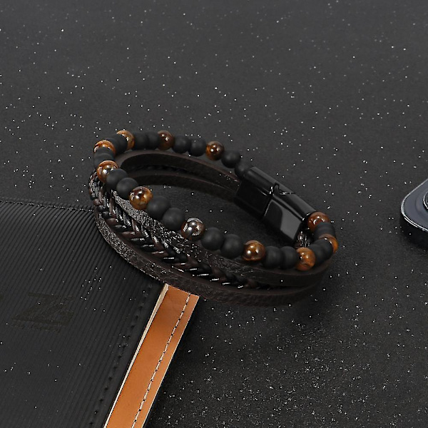 Trendig armband i vulkaniskt rockläder och rostfritt stål, flätat punkigt armband i flera lager för män, födelsedagspresent [DB] 1huang 23cm