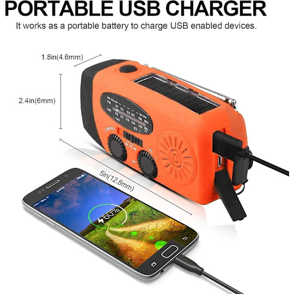 Veva Radio, Solenergi Nöd-FM AM NOAA Bärbar Radio med SOS-Alarm, LED-ficklampa, 2000mAh Powerbank USB-C Mobiltelefonladdare db Orange