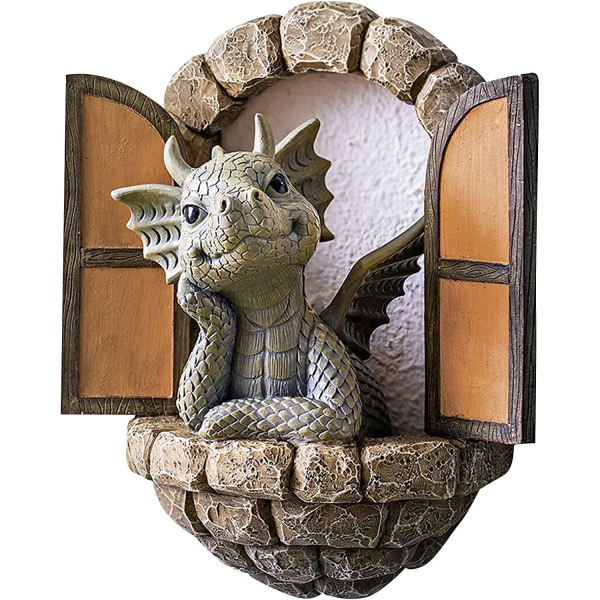 Lohikäärmeveistos seinäkoristelu Pieni lohikäärme meditoi ikkunan edessä patiopihalle