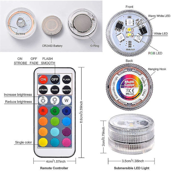 10 stk Mini Vandtætte LED-Lys, Aled Lys Under Vand Lys Vandafvisende RGB Multifarvet LED Lys med 2 Fjernbetjeninger [Db]