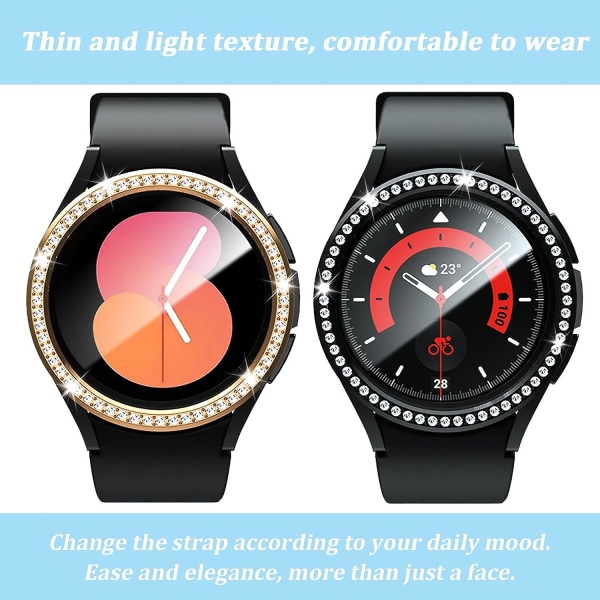 2 stk Bezel-tilbehør til Samsung Galaxy Watch 6 43 mm Bezel, Diamond Pc Bezel Ring Klæbende Cover Anti-ridsebeskyttelse Cover Decor [DB] Black-Gold For Galaxy Watch 6 43mm