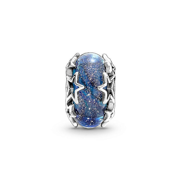 Pandora Hopeasormus Galaxy Blue & Star Murano, Tähti ja Puoliskuu-riipus Naisten Syntymäpäivälahjaksi Rannekoruun DIY Korut [DB] Blue Milky Way