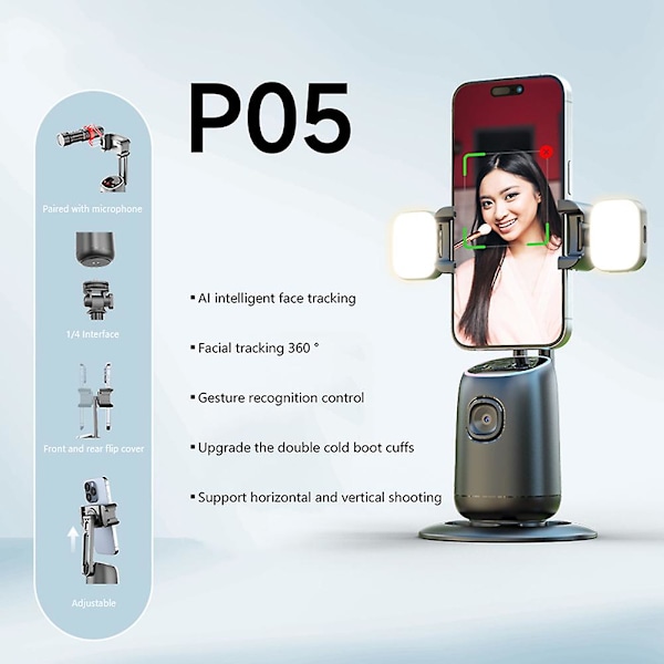 Smart 360° Auto Ansiktsporing Stativ Skrivebord Oppfølging Sporing Gimbal for Vlogg Video Opptak DB Single Fill Light