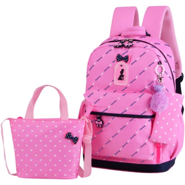 Hjärtutskrift Ryggsäcksset Bowknot Primary Schoolbag Travel Daypack Axelväska Flickryggsäck(rosa)