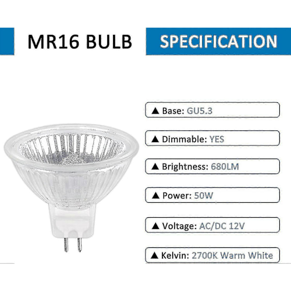 Halogenlampa GU5.3 50W 12V, 800lm Varmvit 2700K Dimbar, Halogen Spotlightlampa MR16, 6-pack [DB]