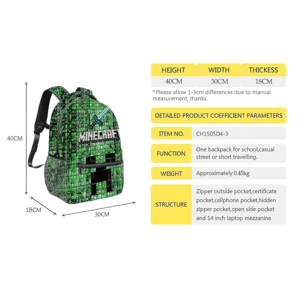 Rygsæk til drenge Børn Sort Minecraft Gamertaske Skolerygsæk One Size DB