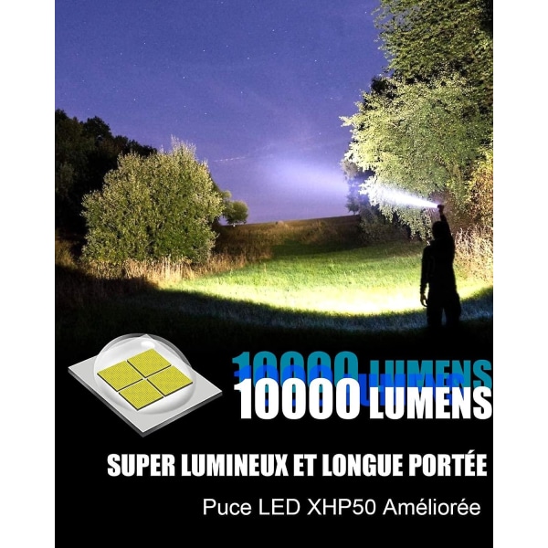 Ultra kraftig LED-lommelygte, 10000 lumen genopladelig lommelygte, taktisk lommelygte, 5 USB-lygtetilstande, IPX5 vandtæt, zoombar stødsikker