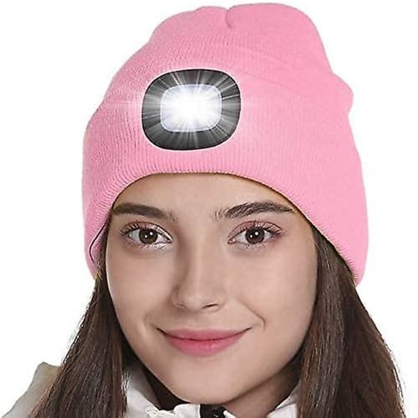 Stickad mössa med ljus och rött varningsljus, USB-uppladdningsbar LED-belyst mössa, handsfree pannlampa, 1 st pink