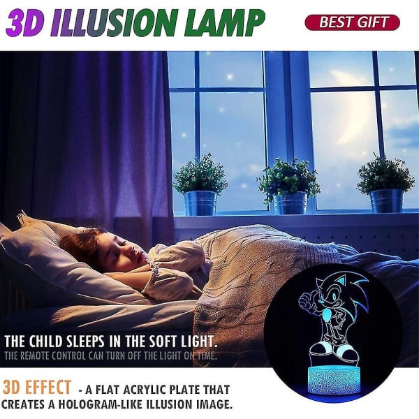 3d tegneserie Sonic Night Light Illusion Lyslampe med fjernkontroll Skrivebordsdekorasjon for barn Gaver [DB]