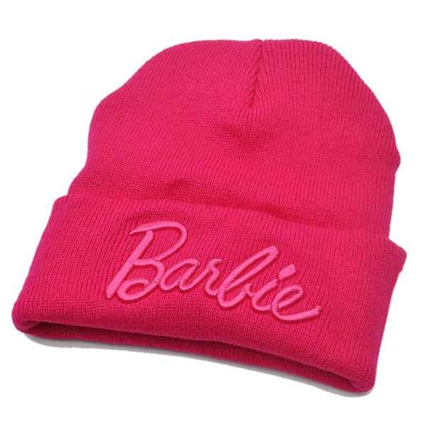 Dam Beanie-mössa i stickad Barbie, vintervarm utomhusmössa med mudd, Barbie-fans present DB Pink