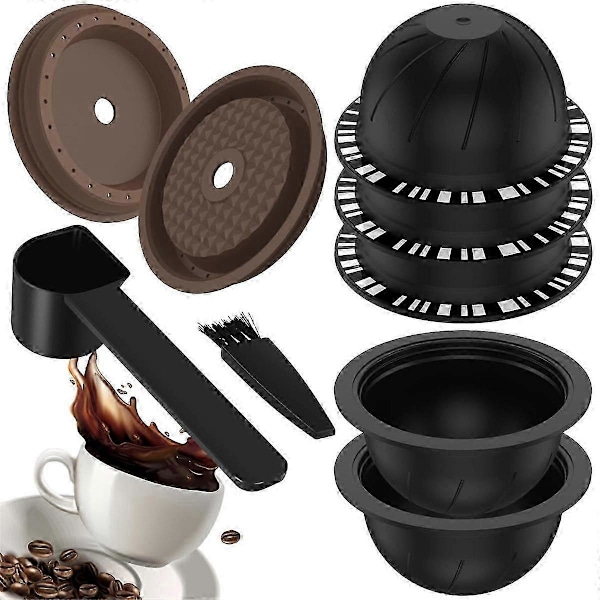 5 st Återanvändbara Vertuo Kapslar för Maskin, Kaffekapsel med 2 Silikonlock 1 Sked och Borste, (230M [DB] BlackBrown
