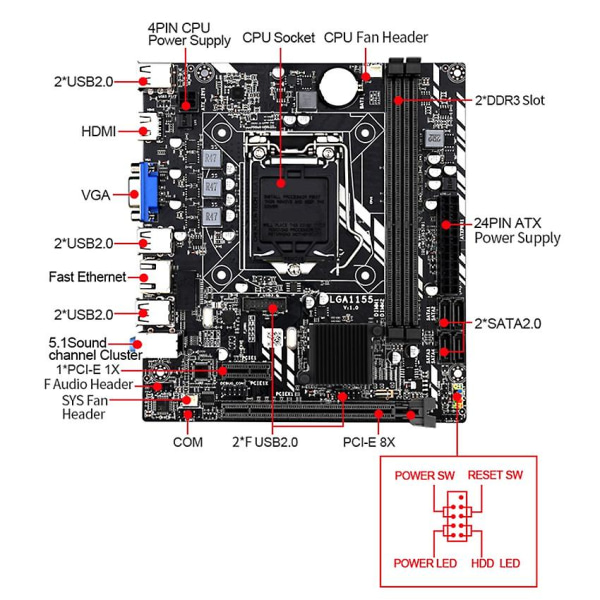 Lga 1155 hovedkort for Core I7 / I5 / I3 / Pentium / Celeron Lga1155 Ddr3 M-atx hovedkort H61